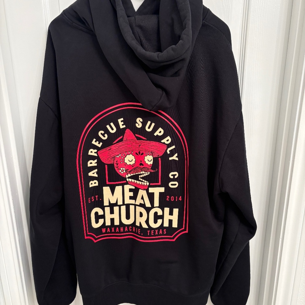 AS Colour Hoodie. Size EX. Like New! MEAT CHURCH logo on back.